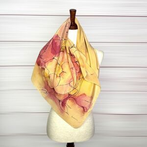 Saldarini Silk Scarf Pink Yellow Large Botanical Print Wild Roses 34x34"